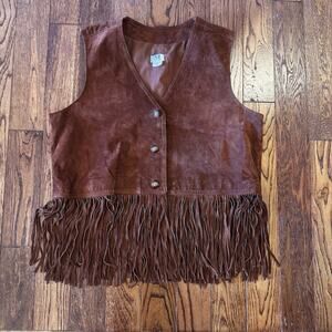 Vintage Leather Fringe Vest Womens XL 1975 Oklahoma Buttons Western Hippie Rodeo